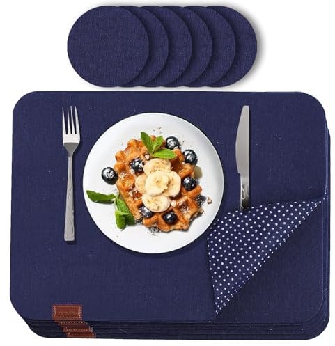 Luana Rose Platzsets aus Filz 12er Set in Anthrazit - Tischset abwischbar - 44x32 cm Filzuntersetzer - Hochwertige Platzdeckchen abwaschbar in Blau - Tischuntersetzer Platzset + Glas Untersetzer-Set
