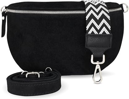 Bauchtasche Damen, Umhängetasche aus Wildleder, Elegante Crossbody-Bag mit gemusterten & verstellbaren Schultergurt, Schultertasche für jeden Anlass Schwarz 3 L (Wildleder)