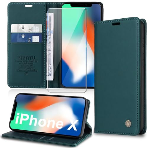Migexxkj Handyhülle für iPhone X,iPhone XS Hülle [mit Schutzfolie][Premium PU Leder] Klapphülle Kartenfach Magnetic Ständer Flip Case Cover Etui Tasche Schutzhülle für iPhone X/XS 5.8“ (Green)