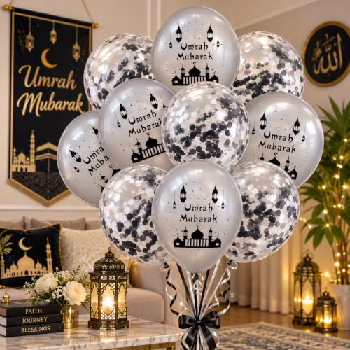 15 Umrah Mubarak Luftballons, Latex Konfetti Ballons 12 Zoll Gold, Roségold oder Silber Umrah Mubarak Ballons, Umrah Hintergrund Requisiten, Umrah Hintergrund Requisiten, Umrah Dekorationen (Silber)