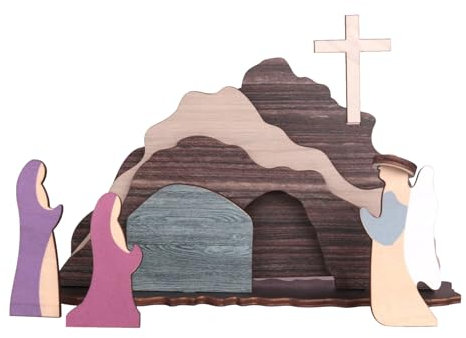 Lnhgh Juego de tumba de madera, juego de escenas de resurrección | Cruz funeraria vacía Decoración de escena de resurrección decoración cristiana, decoración de mesa religiosa pintada a mano para el