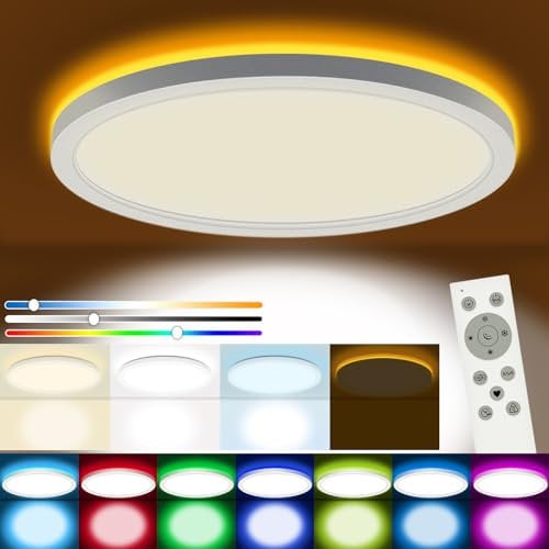 YIFMOO 25W Ø30CM LED Deckenleuchte Flach, RGB Farbwechsel Dimmbar, 3200LM, 3000K-6500K, Deckenlampe mit Fernbedienung, IP54 Badlampe, Rund Deckenleuchten für Wohnzimmer Schlafzimmer Kinderzimmer