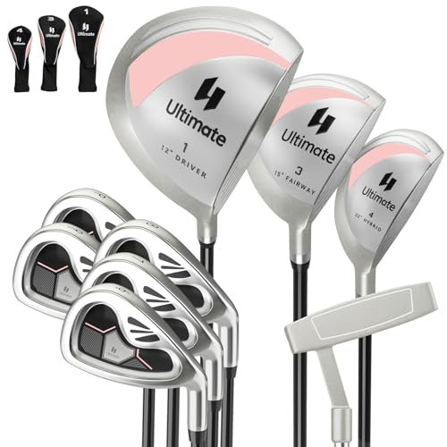 COSTWAY Set Completo di Mazze da Golf da Donna, 9 Pezzi, Include Driver in Lega, Legno Fairway 3, Ibrido 4, Ferri 6, 7, 8, 9 e P, Putter e Copri Testa per Golfiste Destre