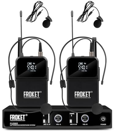 Froket UHF Wireless Microphone System: Professional Dual Channel Cordless Lavalier 260FT UHF Range Mics Set Ideal for Singing Karaoke Church DJ Party PA Speaker Mixer Recording(2 Bodypack)
