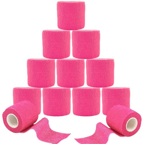 ANAMPION Selbsthaftende Bandage 12Rollen, 5cm x 4.5m Non-Woven Haftbandage Selbstklebend für Mensch und Tier, Flexibel Selbstklebender Verband für Sprunggelenke Schwellung, Sport(Hellrosa)