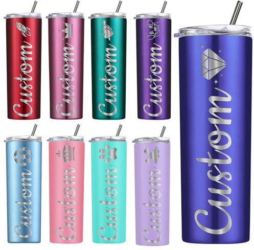 Amlion Personalised Tumbler - Laser Engraved with Name,20oz Custom Stainless Steel Cups Personalised Skinny Tumblers with Lids and Straws for Women Men Gifts - 13 Colors & 42 Icons