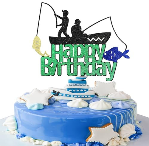 Sotpot 1 Pack Fishing Cake Topper Fisherman Birthday Cake Decoration for Boys and Girls Fishing Themed Birthday Party Decorations
