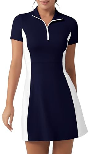 FKEEP Golf Tennis Dress with Shorts Womens Polo Neck Athletic Workout Golf Dress Casual Sleeveless Colorblock Dress, Navy Blue and White, L