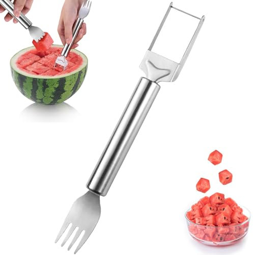 2-in-1 Stainless Steel Fruit Cutter, Watermelon Fork Slicer Cutter, Dual Head Watermelon Cuber Cutting Tool Knife Summer Fruit Cutting Fork for Home Party Camping Kitchen Gadget