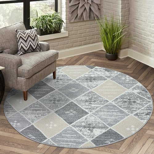 carpet city Teppich Kurzflor Wohnzimmer - Grau - 200 cm Rund - Raute-Muster, Bordüre - 3D-Effekt - Moderne Teppiche Flachflor Schlafzimmer, Esszimmer