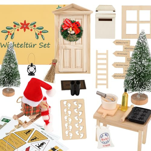 JadeLink Wichteltür Set - Wichtel Zubehör Komplettset Weihnachten inkl. DIY- Miniatur Baustelle, Wichtel Backset, Bastelset Briefkasten und Wichtelbriefe, Weihnachten Deko, DIY Geschenk für Kinder