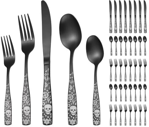 XIAOYU 40 piezas negro bizarre calavera cubiertos, juego de cubiertos gótico mate para servir para 8, diseño único de calavera esqueleto flor, cubiertos de Halloween vajilla para festivales utensilios