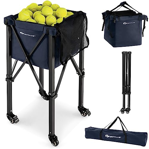 GOPLUS Chariot de Balle de Tennis Pliable, en Aluminium et Tissu Oxford avec et Sac Amovible, Panier de Rangement de Tennis Roulant pour Entraînement ou Loisir (Bleu)