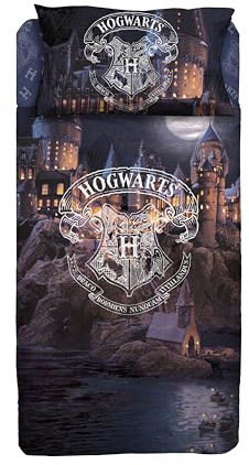 Harry Potter Bettwäsche-Set für Einzelbett, aus Baumwolle, Oberlaken, Spannbettlaken und Kissenbezug, 100% Baumwolle, offizielles Produkt