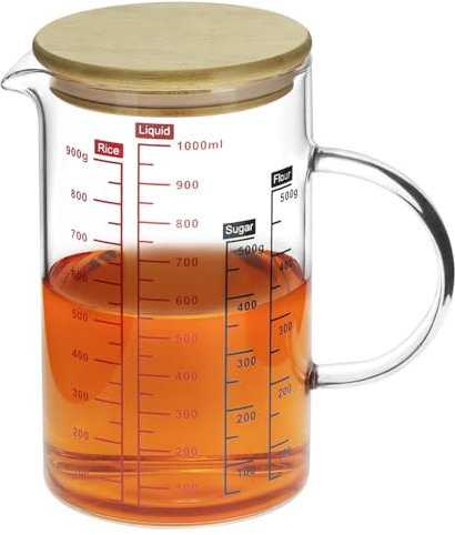 QWORK® Misurino da cucina 1000 ml con coperchio in bambù, in vetro borosilicato, Misurino graduato multiscala, Adatto al microonde