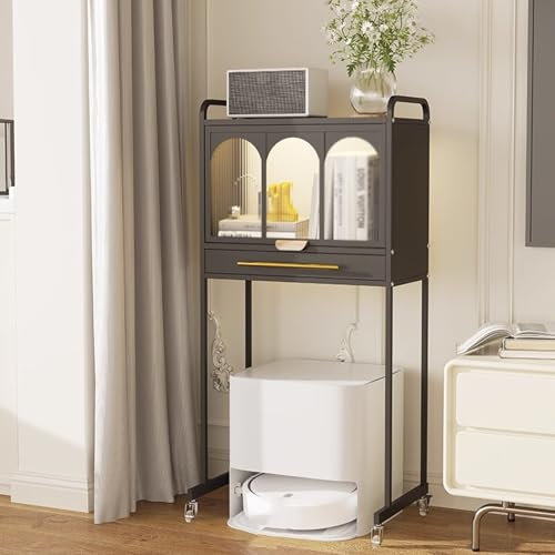 Table d Appoint Salon Haute 116.5cm, Armoire Rangement Autoportante pour Aspirateur Robot Laveur avec Station, Meuble de Rangement Organisateur de Balayeuse(Black)