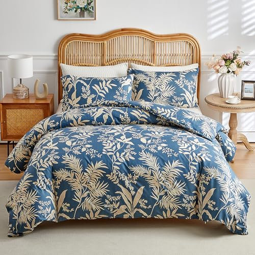 RongRongIN Bettwäsche Set 135 x 200 cm Pflanze Serie mit Reißverschluss – Blau Blätter, Bettbezug 135x200cm und 1 Kissenbezug 80x80cm, Weich Bequem Wendebettwäsche Bettwaren