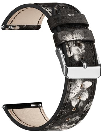 Oumida Cuir Bracelet pour 22mm 20mm 18mm Femme Homme, Bracelet de remplacement en Cuir à Dégagement Rapide pour Montre Intelligente Samsung Galaxy/Huawei/Fossil (Fleurs grises, 18mm)