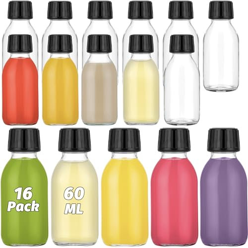 Danmu Art 16 Pack 60ml Glass Bottles with Lids - Leak Proof, Airtight Small Glass Jars for Ginger Shots, Cocktails, Essential Oils, DIY Storage - Dishwasher Safe, Freezer Safe, Reusable Mini Bottles
