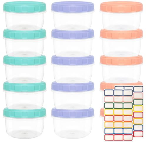 Taixing Lot de 15 boîtes de conservation réutilisables, 200 ml, en plastique, 3 couleurs, hermétiques, pour restes, collations, yaourts, sauces, fruits