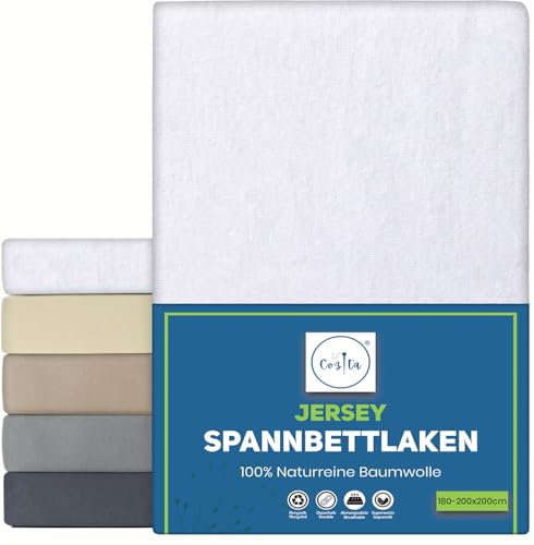 Cozita Basics Spannbettlaken 180x200cm - 100% Baumwoll Jersey Bettlaken, Öko-Tex Zertifiziert, bis 25 cm Matratzenhöhe – Weiß
