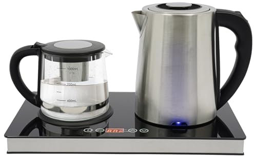 Kaichenyt Elektrischer Wasserkocher, 1L Edelstahl 1500W Glas Teekocher mit Anti-Verbrühungs-Griffe und Filter 360 ° Platziert für Dessertshops 20x15x19.5cm Schwarz