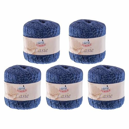 5 Knäuel Häkelgarn Lasie je 150m/50g mit Glitzer Sommergarn Strickgarn Glitzerwolle 15 Farben, Farbe:marineblau