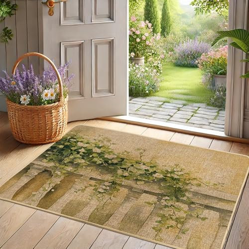 Fußmatte mit Frühlingsblumen, grüner Efeu, Eingangsmatte für den Innen- und Außenbereich, natürliches Jute-Design, Gummi, rutschfest, saugfähig, leicht zu reinigen, 73,2 x 43,2 cm