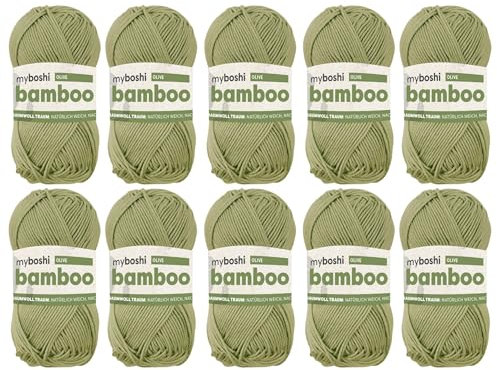 myboshi Bamboo, natürlich weiches Bambus-Baumwollgarn, zum Häkeln und Stricken, strapazierfähig, 50g, 125m, Grün (Olive), 10 Knäuel