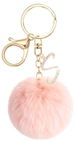 JSRQT Porte-clés Pompons Roses avec Initiales S, Porte-clés Lettres Alphabet en Métal et Strass pour Femme Fille, Pendentifs Keychain de Sac en Peluche Douce, Décoration de Sac à Main et Sac à Dos