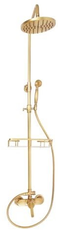 Wensiy Sistema de ducha con termostato, latón antiguo, ducha de lluvia con estante, ducha de mano con 2 tipos de chorro, barra de ducha ajustable, giro de 360°