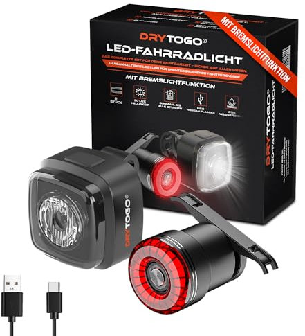 Fahrradlicht Set I Wiederaufladbare LED Fahrradbeleuchtung mit Bremslicht Funktion I StVZO zugelassen I für MTB, Kinderfahrrad, E- Bike, Roller, Laufrad, Rennrad, City Bike I Drytogo