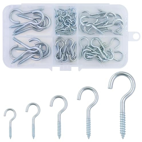 Set di 66 ganci a vite, ganci a vite per legno, ganci zincati, ganci a vite da soffitto con scatola portaoggetti, 5 misure, per cucina, casa, ufficio, scuola, giardino, industria