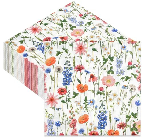 40Pcs Disposable Floral Paper Napkins, 33x33cm Colorful Flower Patterned Serviettes Tissue for Afternoon Tea Birthday Wedding Baby Shower Party Decorations(B)