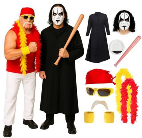 Wrestler Duo Kostüm Set für Erwachsene, 80er Jahre, schwarze Staubjacke, Gesichtsbemalung & aufblasbarer Fledermaus, plus rotes Bandana, gelbe Brille, blonder Schnurrbart & rot/gelbe Boa
