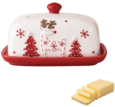 Weihnachten Butterdose Keramik mit Deckel, Butterglocke für 250g Butter | Handbemalt Butterdose Porzellan mit Elch Weihnachtswichtel, Weihnachts Butter Dish Butterschale für Küche, Spülmaschinenfest