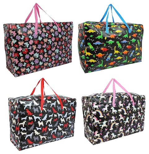 Extra large strong Reusable Kids storage bags with zip (4 Patterns) (Set of 4)