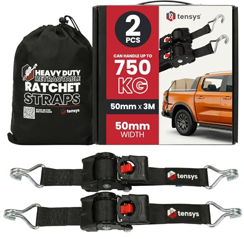 TENSYS Auto Retractable Ratchet Tie Down Straps Set – Heavy Duty Self Retracting Rachet Strap with Hooks for Cargo Luggage Motorcycle Furniture Roof Rack Accessories Rope Cord Black, 2 Pack, 50mmx3m