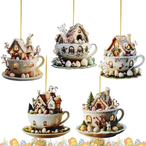 5er Set Osterdeko zum Aufhängen, Vintage Tassenhaus Design mit Osterhasen Figuren & Eiern, Acryl Osteranhänger Hängedeko für Osterstrauch, Fenster, Tür, Wand, Ostern Geschenke für Familie & Freunde