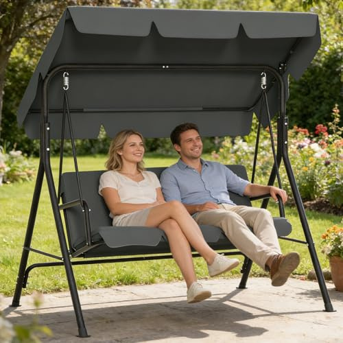 Suusolny 3-Sitzer Hollywoodschaukel, Wetterfeste Gartenschaukel mit Sonnendach & Sitzauflage, Stabil Stahlgestell, UV-Schutz, bis 200 kg Belastbar, Garten-Schaukelbank 193x110x152cm, Grau