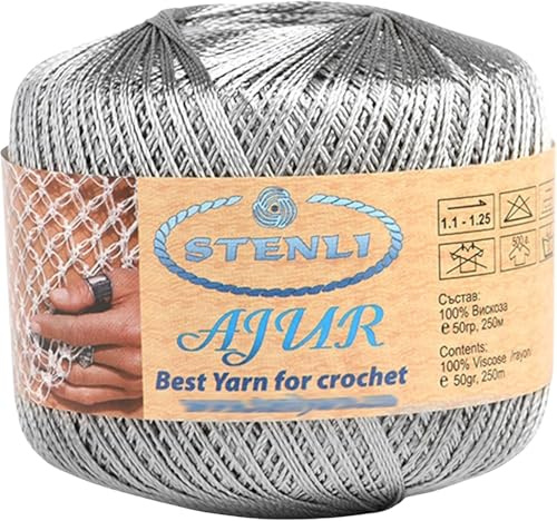 Viskose Garn Grau Silber mit Glitzer Zum – 1 mm Häkelgarn & Stickgarn, 50 g / 250 m (Grau)