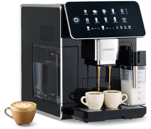 COSTWAY Fully Automatic Bean to Cup Coffee Machine with Milk Frother | 9 Hot & Iced drinks, 15 Adjustable Grind Settings, Auto Self-Cleaning, Touch Screen Display, Espresso and Cappuccino Maker