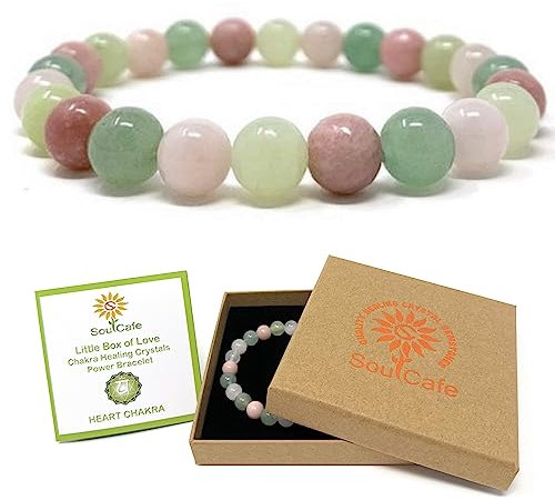 Soulcafe Heart Chakra Crystal Bead Bracelet - Crystal Gemstones for Reiki, Meditation, Love & Harmony - Gift Box & Crystal Meaning Card - Size XS/S/M/L/XL - Anahata