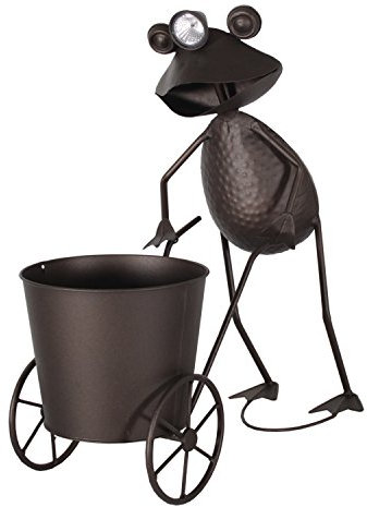 colourliving Dekofigur Frosch Solarleuchte Topf-Karre rund Blech metallic braun Gartendeko Blechfrosch