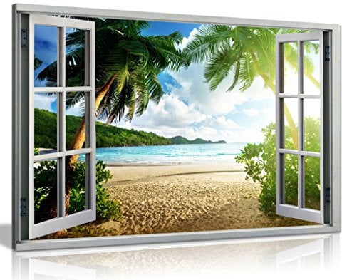 Beach Sunset View 3D Window Effect Canvas Wall Art Picture Print (24X16), Bedroom