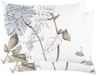 Wake In Cloud - Floral Pillow Cases, 100% Cotton Fabric, Vintage Flower Shabby Chic Farmhouse Botanical, Set of 2 Pillowcases Pillow Shams Covers, Gray Beige, Standard Size 20x26 Inches