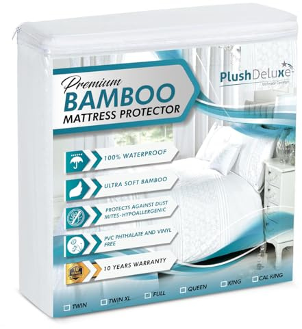 PlushDeluxe Bamboo Mattress Protector Waterproof, Hypoallergenic & Ultra Soft Breathable Cover & Protection - Free PVC, Phthalate (Double Size)