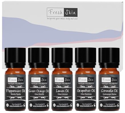 Freshskin Beauty LTD | Starter Kit Essential Oil Gift Set - Energising 5 x 10ml - Diffuser for Home, Aromatherapy, Strong Fragrance | Citronella, Grapefruit, Lemon, Sweet Orange & Peppermint