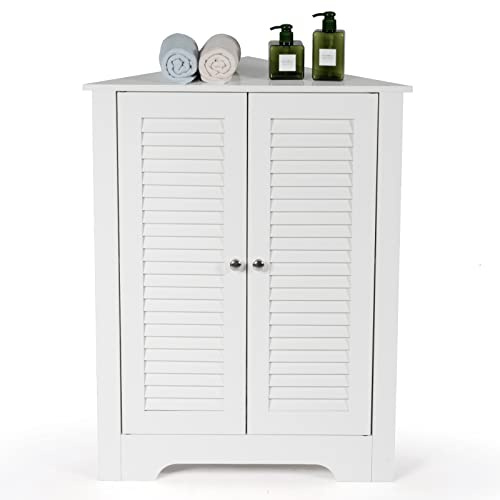 COSTWAY Triangle Bathroom Cabinet, Corner Bathroom Storage Unit Floor Cupboard with Shutter Door and Adjustable Shelf, Wooden Freestanding Cabinet for Living Room Kitchen Hallway (White, Double Door)