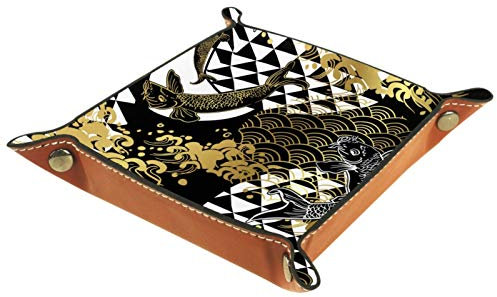 ZORE_FINE5 Faltbares Würfeltablett aus Leder, quadratisch, für Schmuck, Uhren, Schlüssel, Münzen, Süßigkeiten, Aufbewahrungsbox, japanische Koi-Fische, Wellen, Wasserkreise